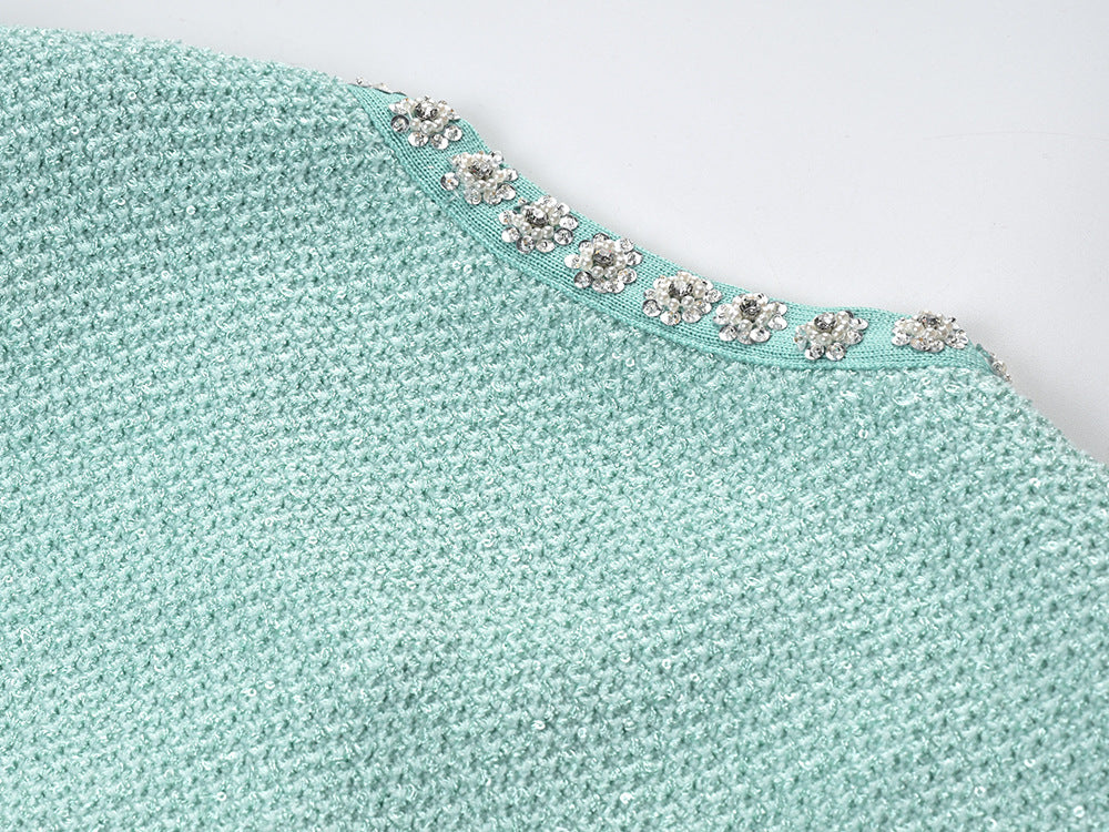 Handmade Diomand Sequins Single-breasted Ruffles Waist Trimming Knitted Dress