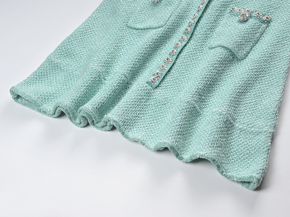 Handmade Diomand Sequins Single-breasted Ruffles Waist Trimming Knitted Dress