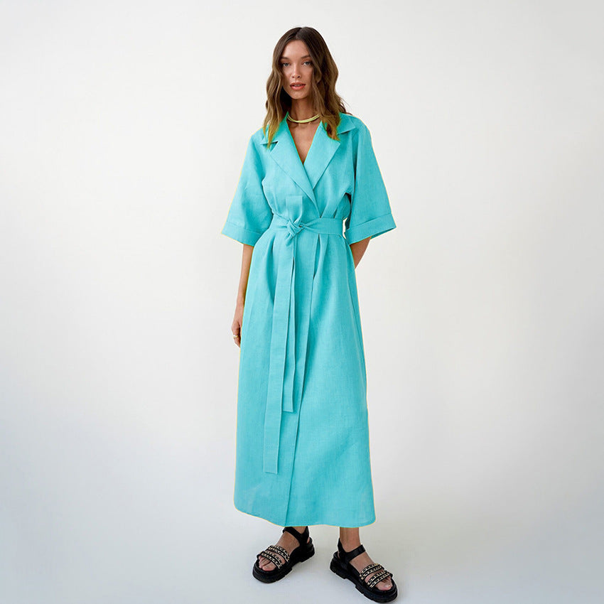 Summer New Fashion Casual Women's Solid Color Slit Design A- Line Skirt Tailored Collar Dress