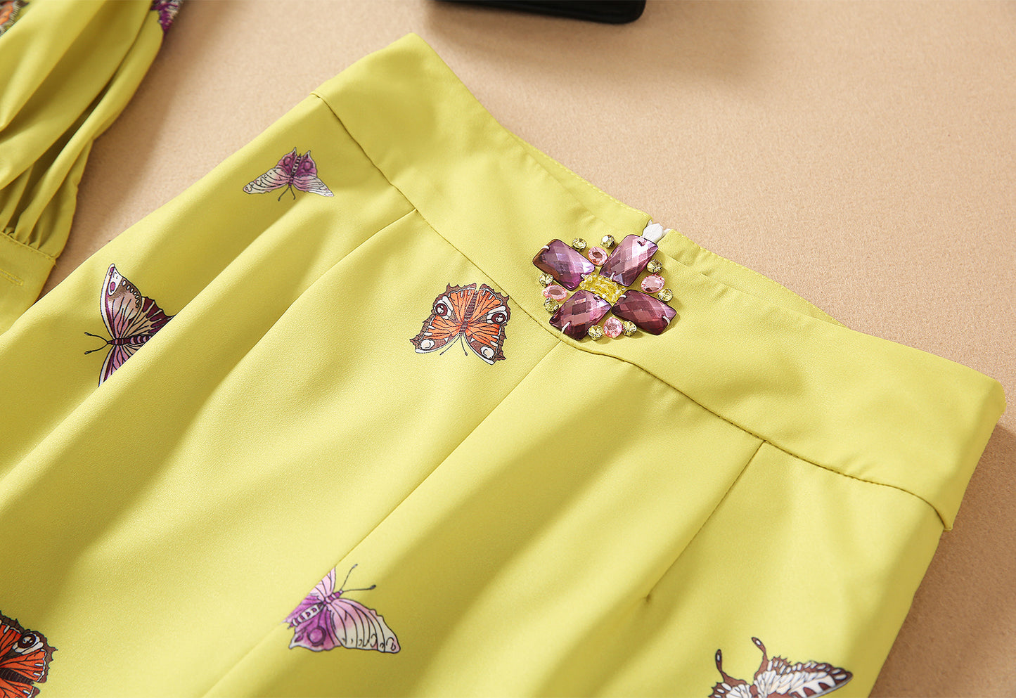 New Beaded Stand-up Collar Long-sleeved Shirt High-waist Straight-leg Printed Trousers Suit