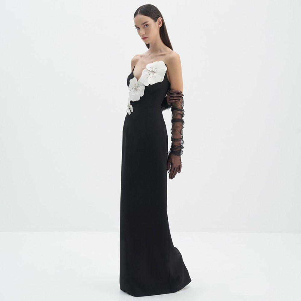 Black Backless Bandage Chest White Exquisite Flower dress