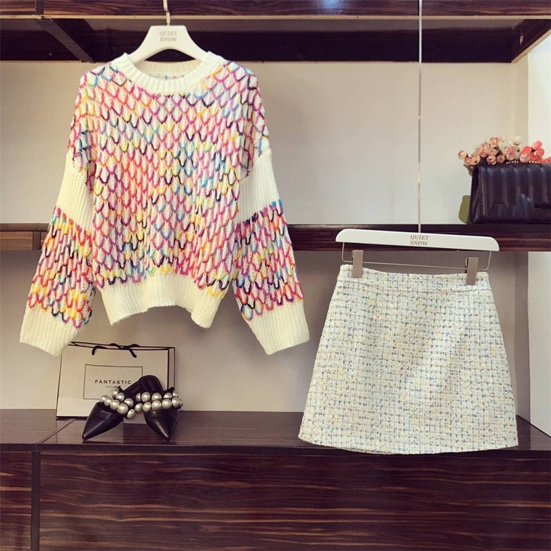 Color sweater and mini skirt