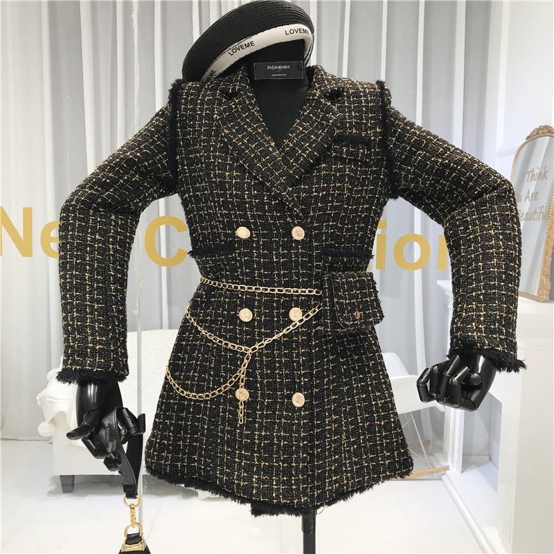 New Gold thread Plaid Suit Coat Women Notched Double breasted Feather Tassel Trim Slim Tweed Jacket With Free Belt bag