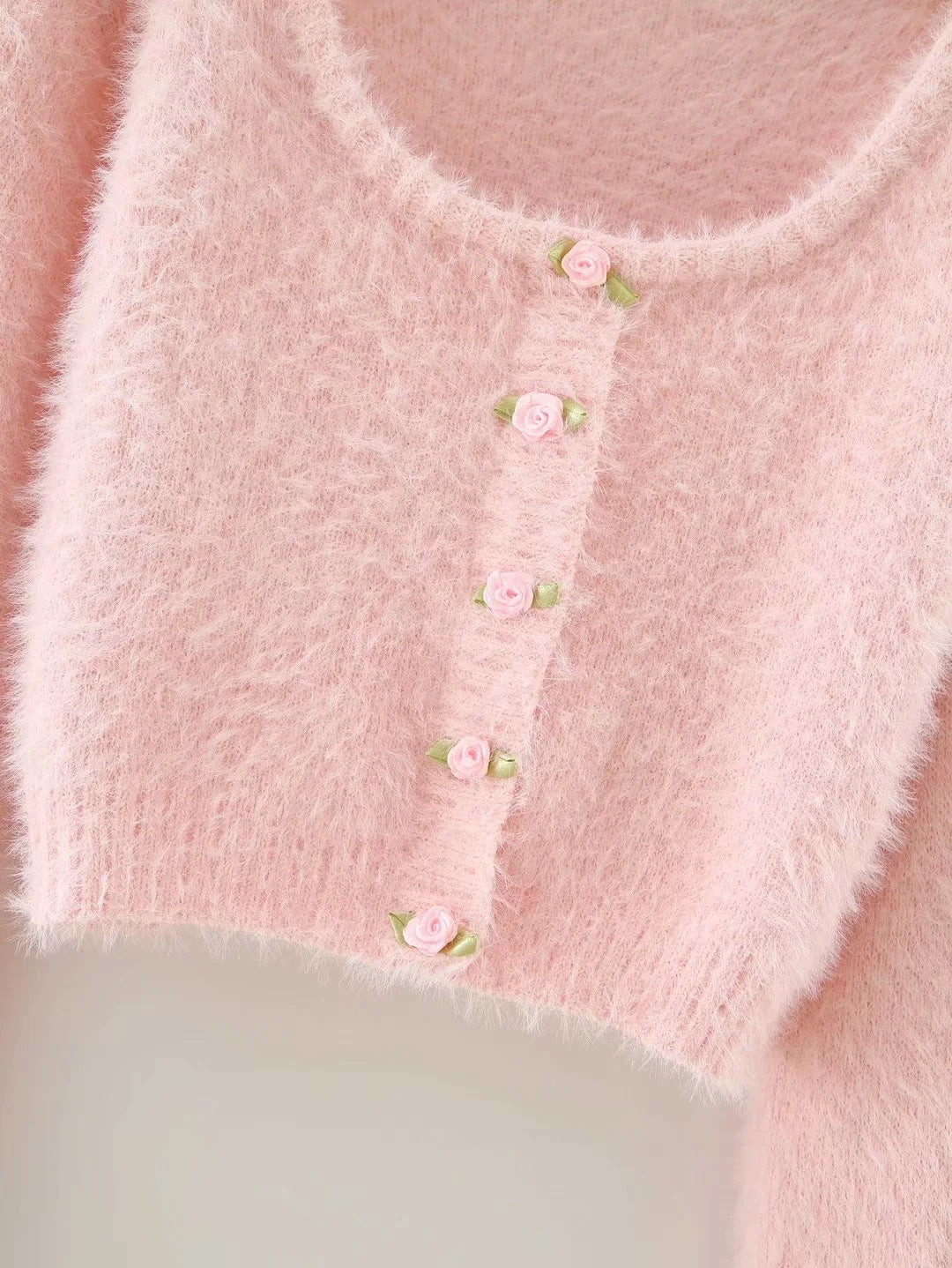Single-breasted Plush Floret Long-sleeved Knitted Cardigan