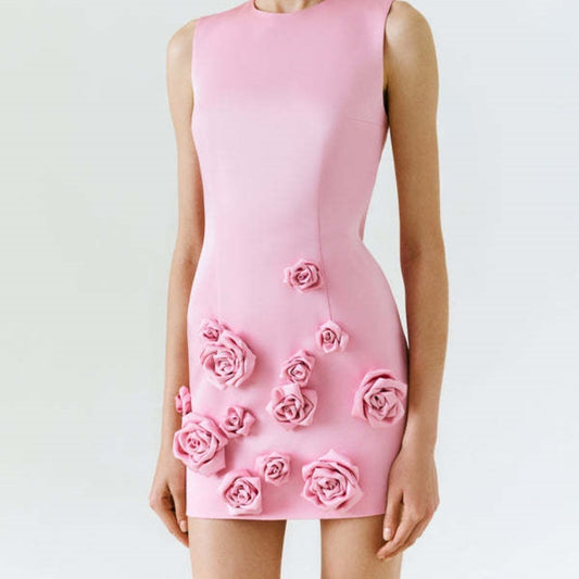 New Solid Color Three-dimensional Flower Fashion All-match Sleeveless Sexy Dress