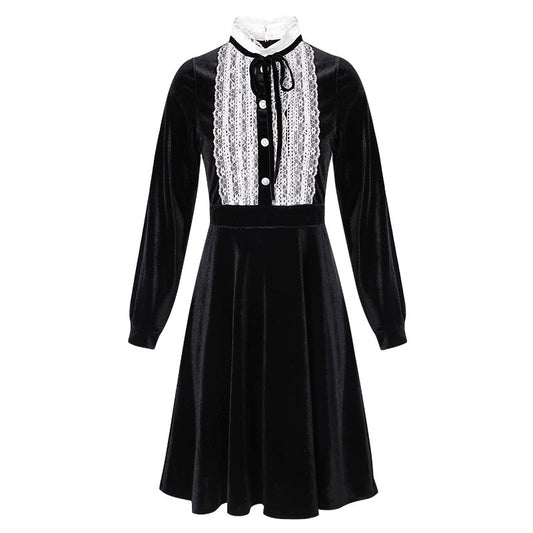 Ladies Autumn And Winter Lace Stitching Stand Collar Dress