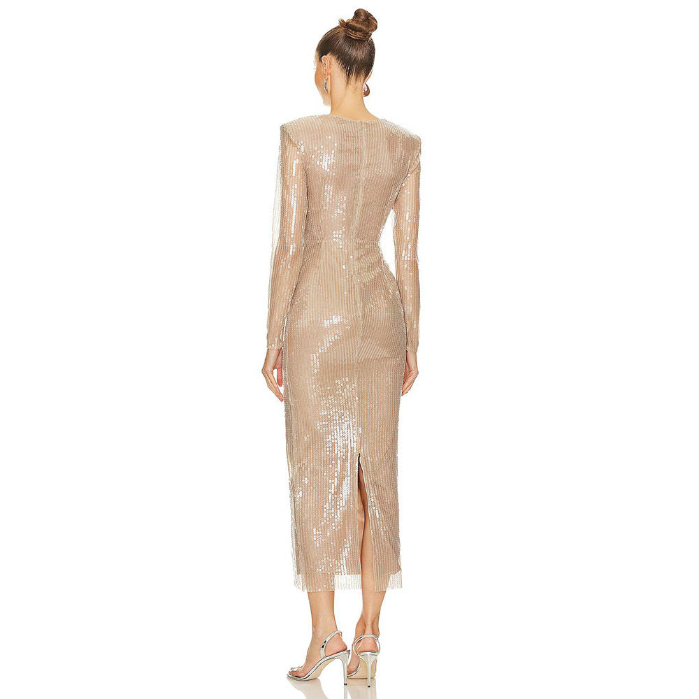 Long Sleeve Three-dimensional Flower Beaded Dress