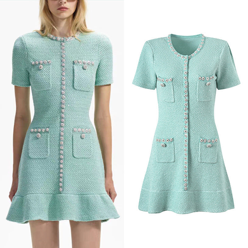 Handmade Diomand Sequins Single-breasted Ruffles Waist Trimming Knitted Dress
