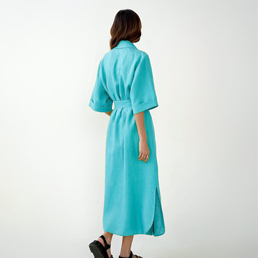 Summer New Fashion Casual Women's Solid Color Slit Design A- Line Skirt Tailored Collar Dress