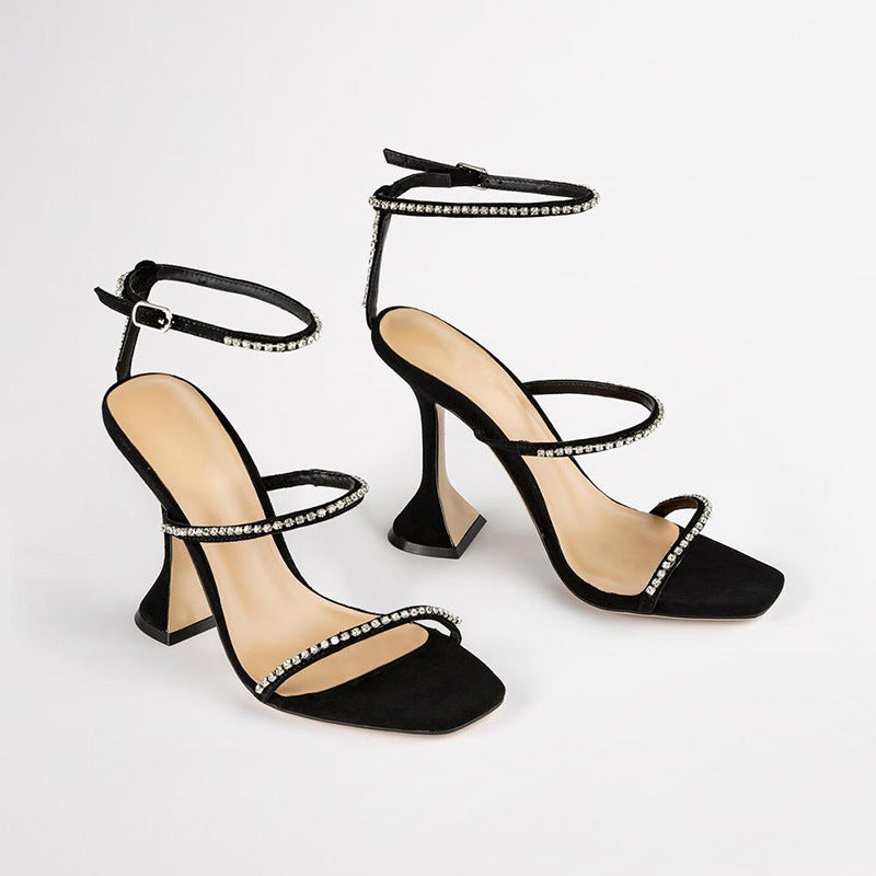 High Heels Square Toe Wine Glass Heel With Large Size Rhinestone Sandals