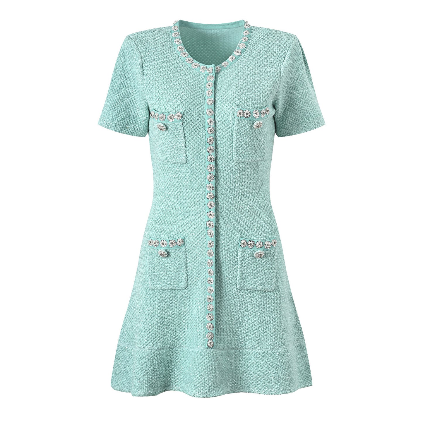 Handmade Diomand Sequins Single-breasted Ruffles Waist Trimming Knitted Dress
