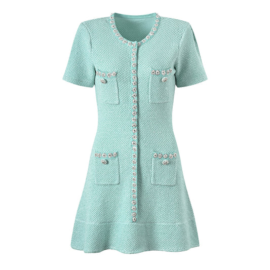 Handmade Diomand Sequins Single-breasted Ruffles Waist Trimming Knitted Dress