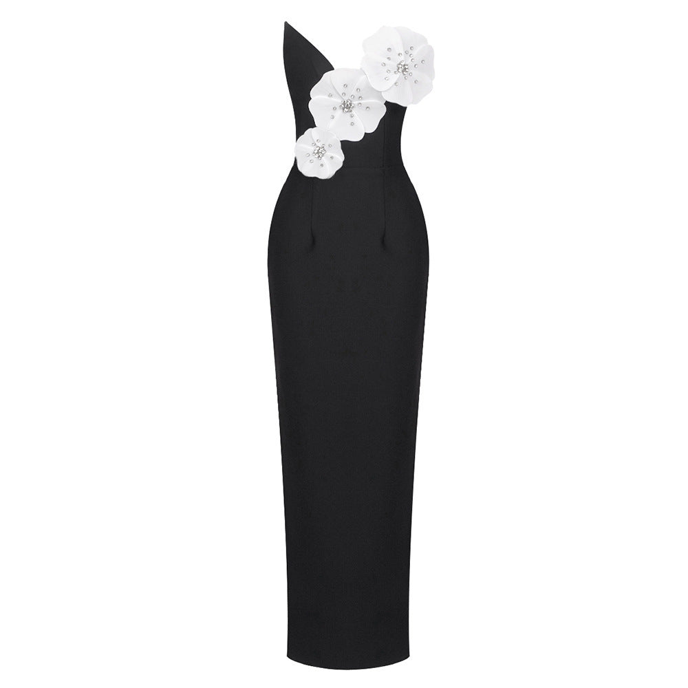 Black Backless Bandage Chest White Exquisite Flower dress