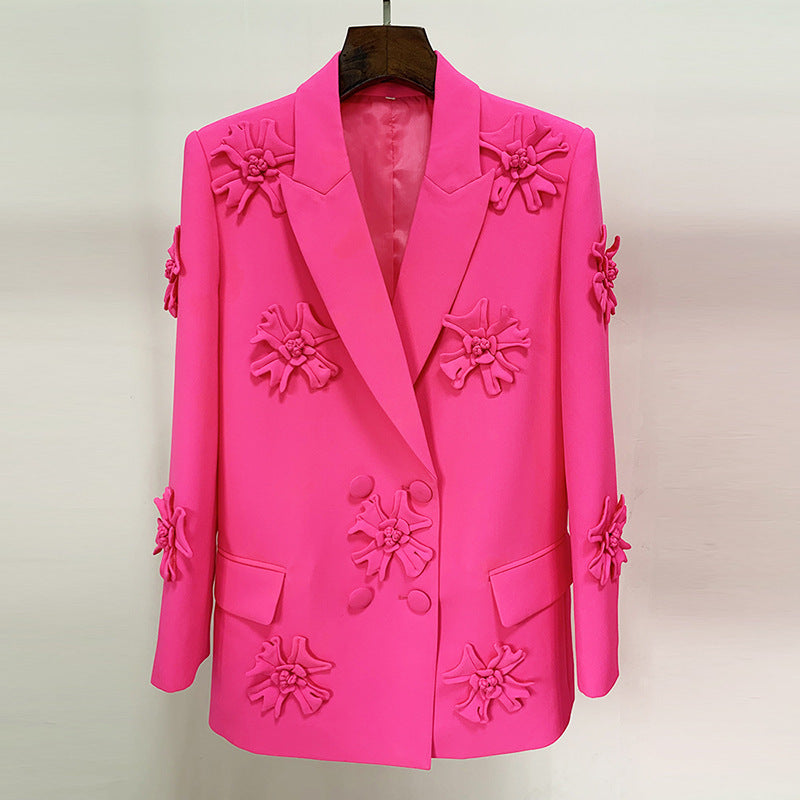 Double Breasted Three-dimensional Flower Decoration Suit Jacket