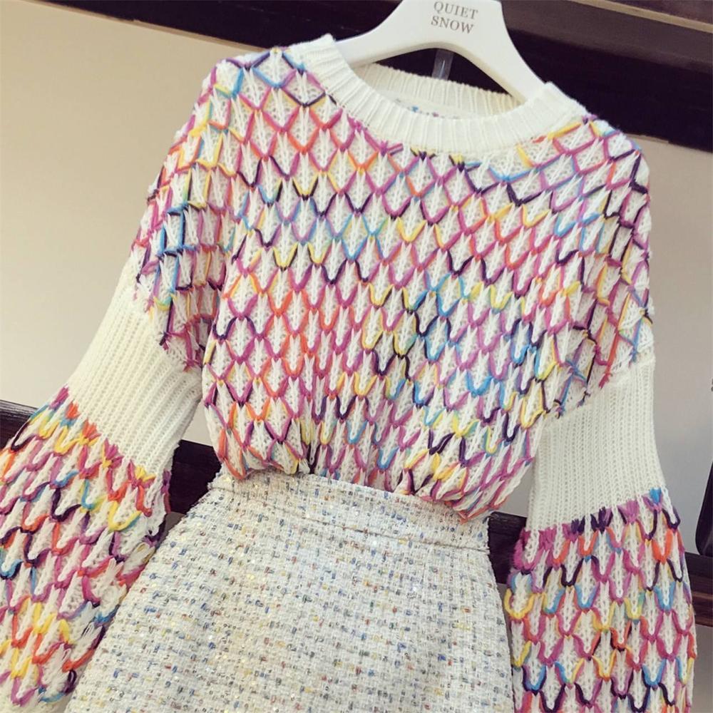 Color sweater and mini skirt