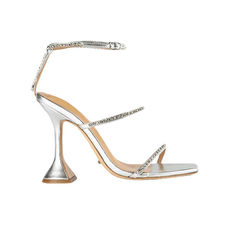 High Heels Square Toe Wine Glass Heel With Large Size Rhinestone Sandals
