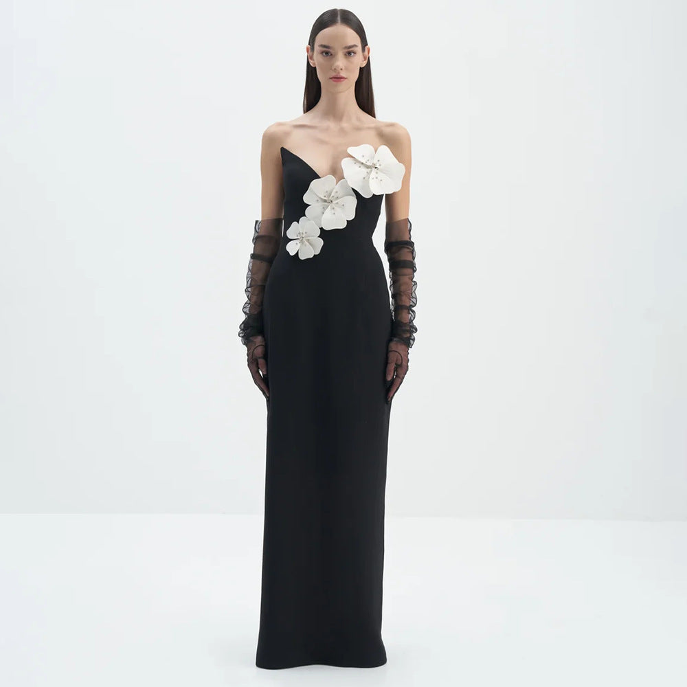 Black Backless Bandage Chest White Exquisite Flower dress