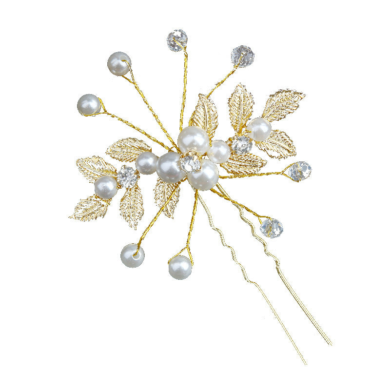European And American U-shaped Hair Pin Golden Leaf Pearl Hairpin