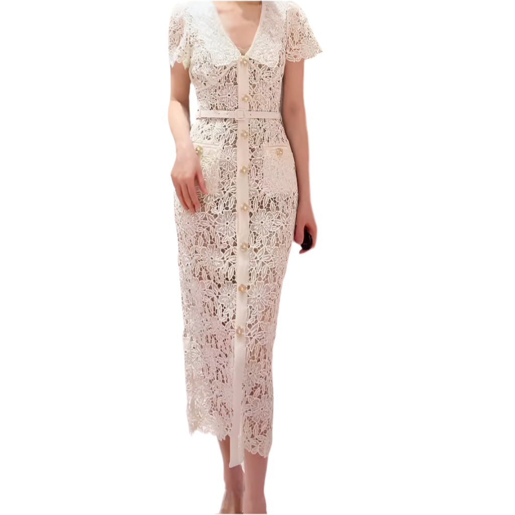Elegant Short Sleeve Lapel Refined Handmade Lace Waist Dress