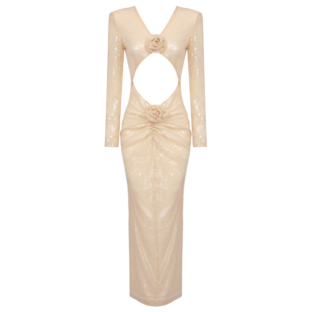 Long Sleeve Three-dimensional Flower Beaded Dress