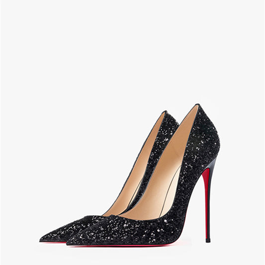 New Super Pointed Women's Black Silver Sequins high heels