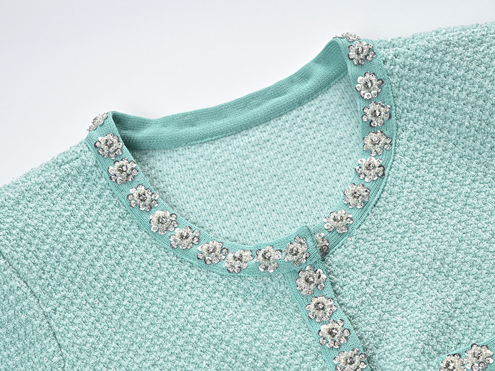 Handmade Diomand Sequins Single-breasted Ruffles Waist Trimming Knitted Dress