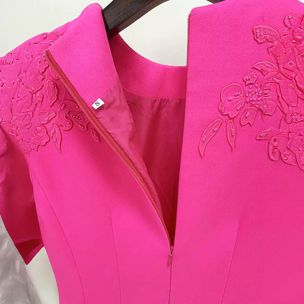 Elegant Three-dimensional Floral Fluorescent Powder Short Sleeve Dress
