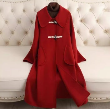 Small Lapel Cashmere Coat For Women's Loose Fitting Medium Length Style