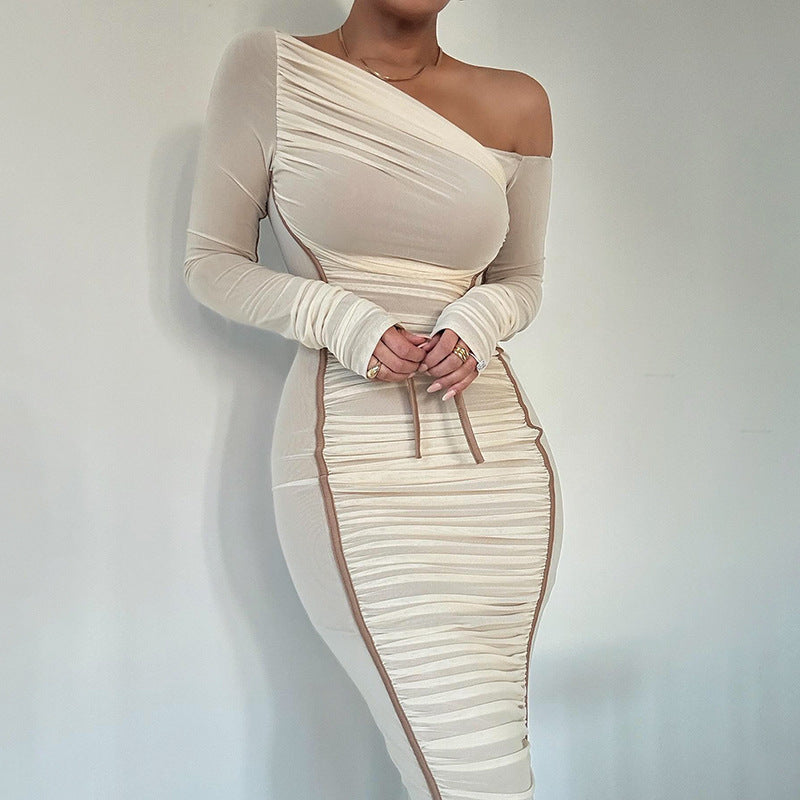 Women's Diagonal Collar Long Sleeve High Waist Mesh Dress