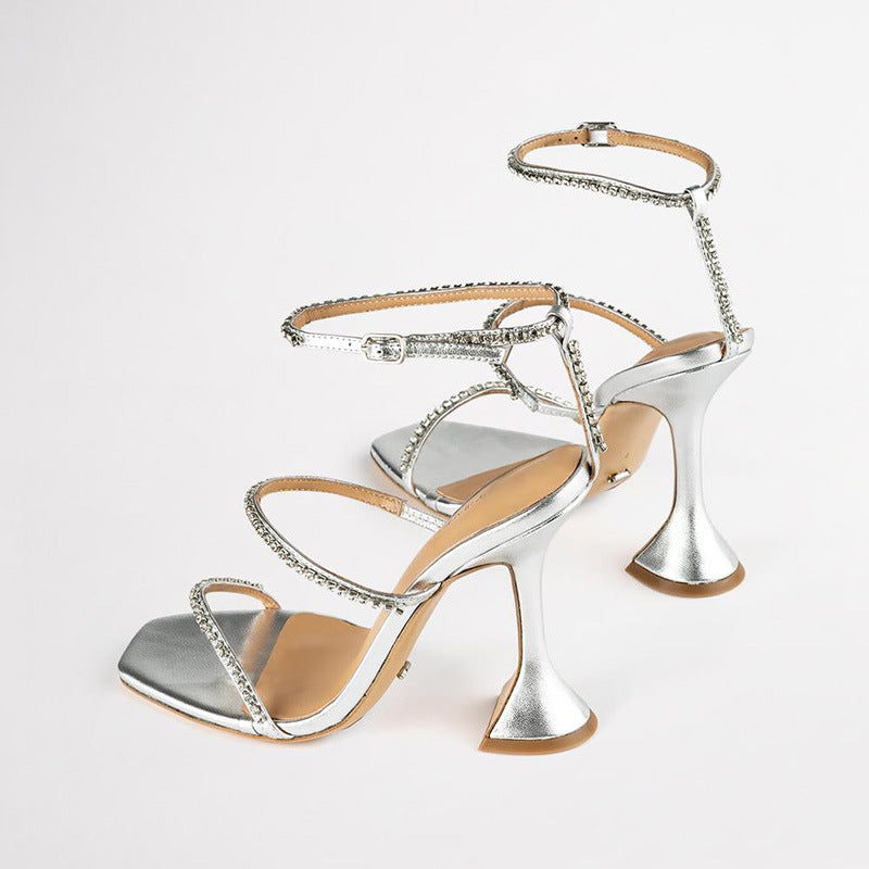 High Heels Square Toe Wine Glass Heel With Large Size Rhinestone Sandals