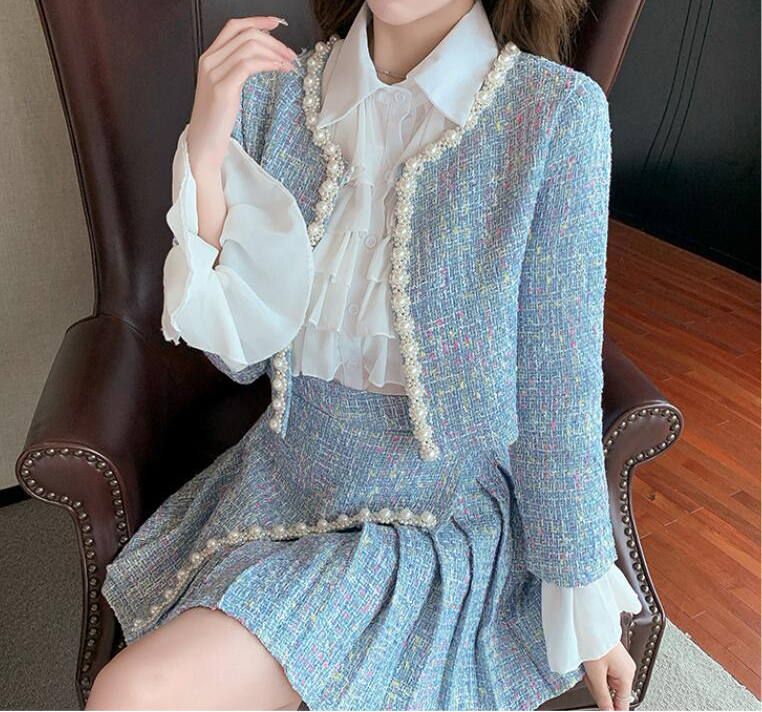 New Women's Ladies' Tweed Jacket Pleated Shirt Set For Women