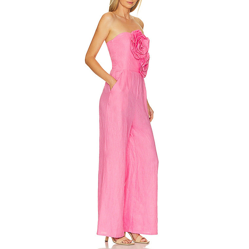 Stitching Flower Tube Top High Waist Slimming And Wide Leg Jumpsuit
