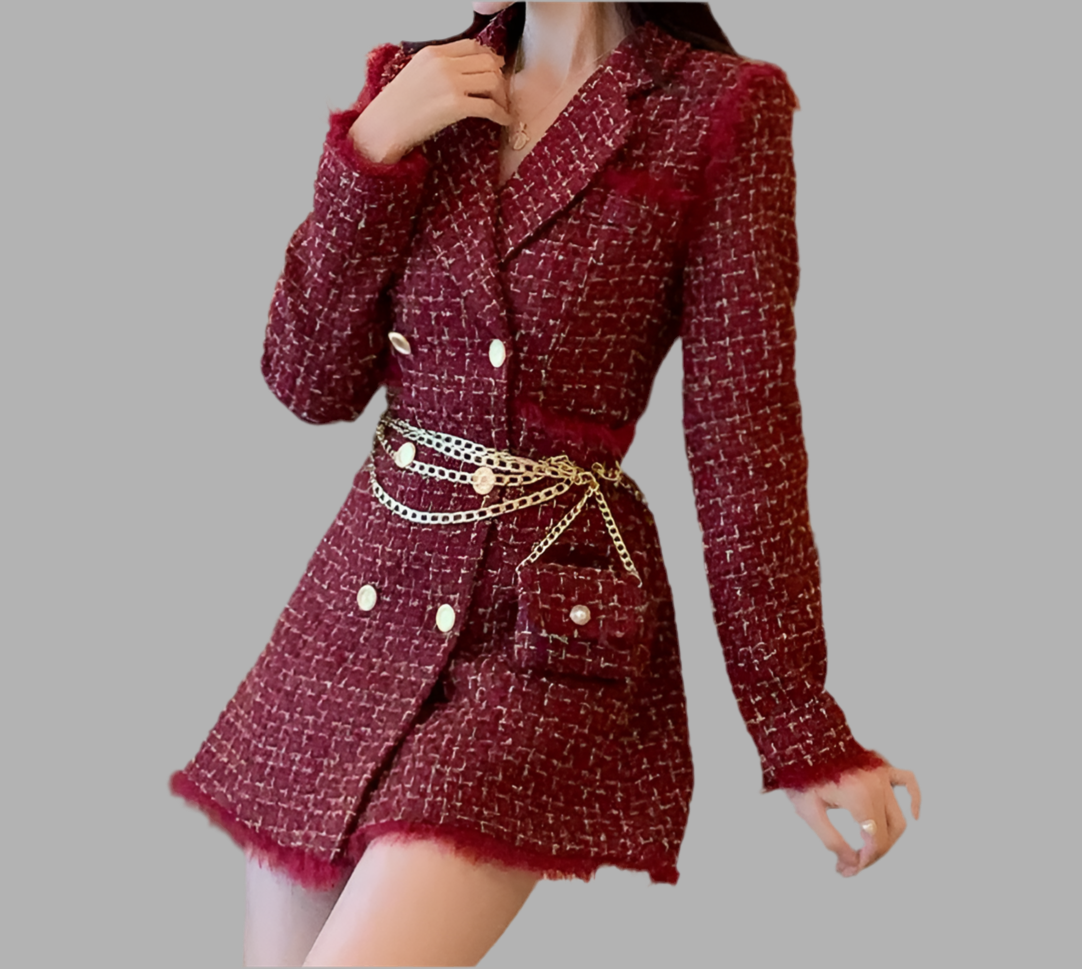 New Gold thread Plaid Suit Coat Women Notched Double breasted Feather Tassel Trim Slim Tweed Jacket With Free Belt bag