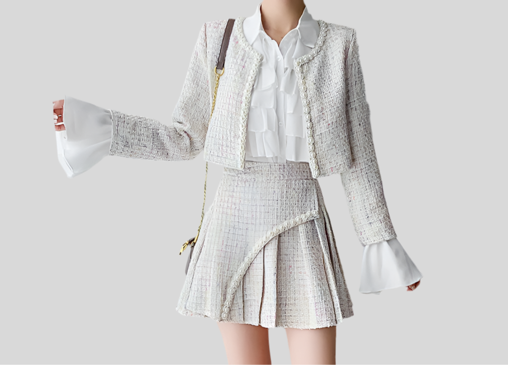 New Women's Ladies' Tweed Jacket Pleated Shirt Set For Women