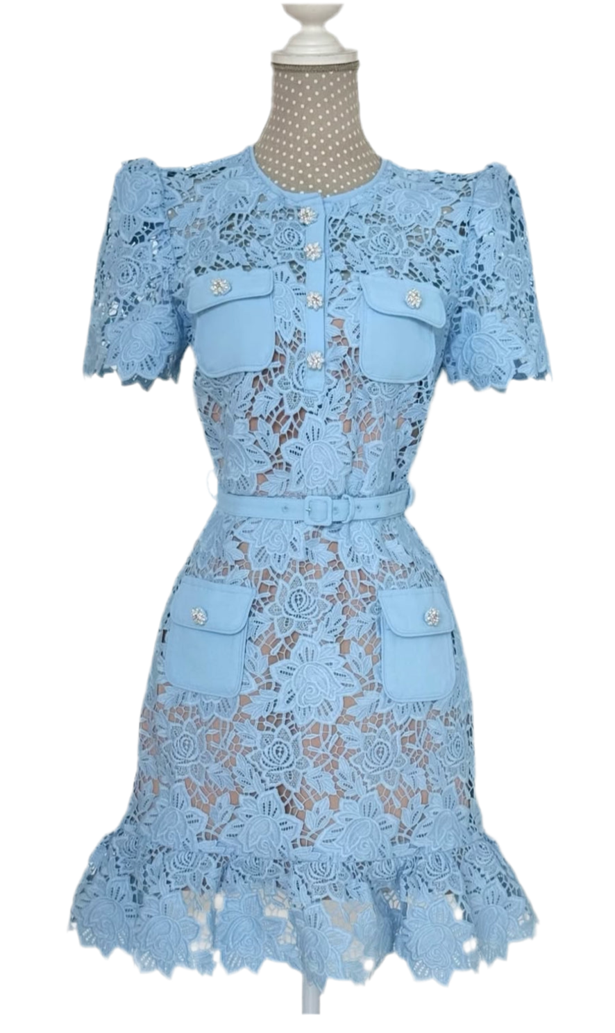 French Minority Elegant Socialite Light Blue Round Neck Lace Short Sleeve Dress