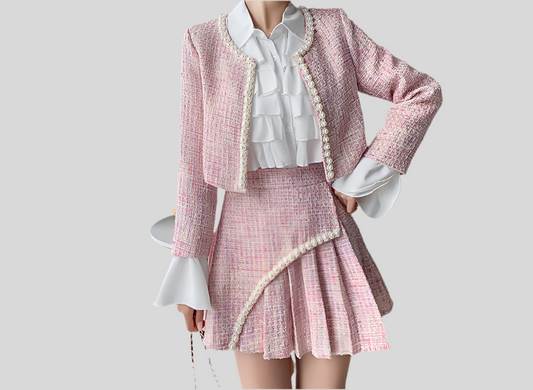 New Women's Ladies' Tweed Jacket Pleated Shirt Set For Women