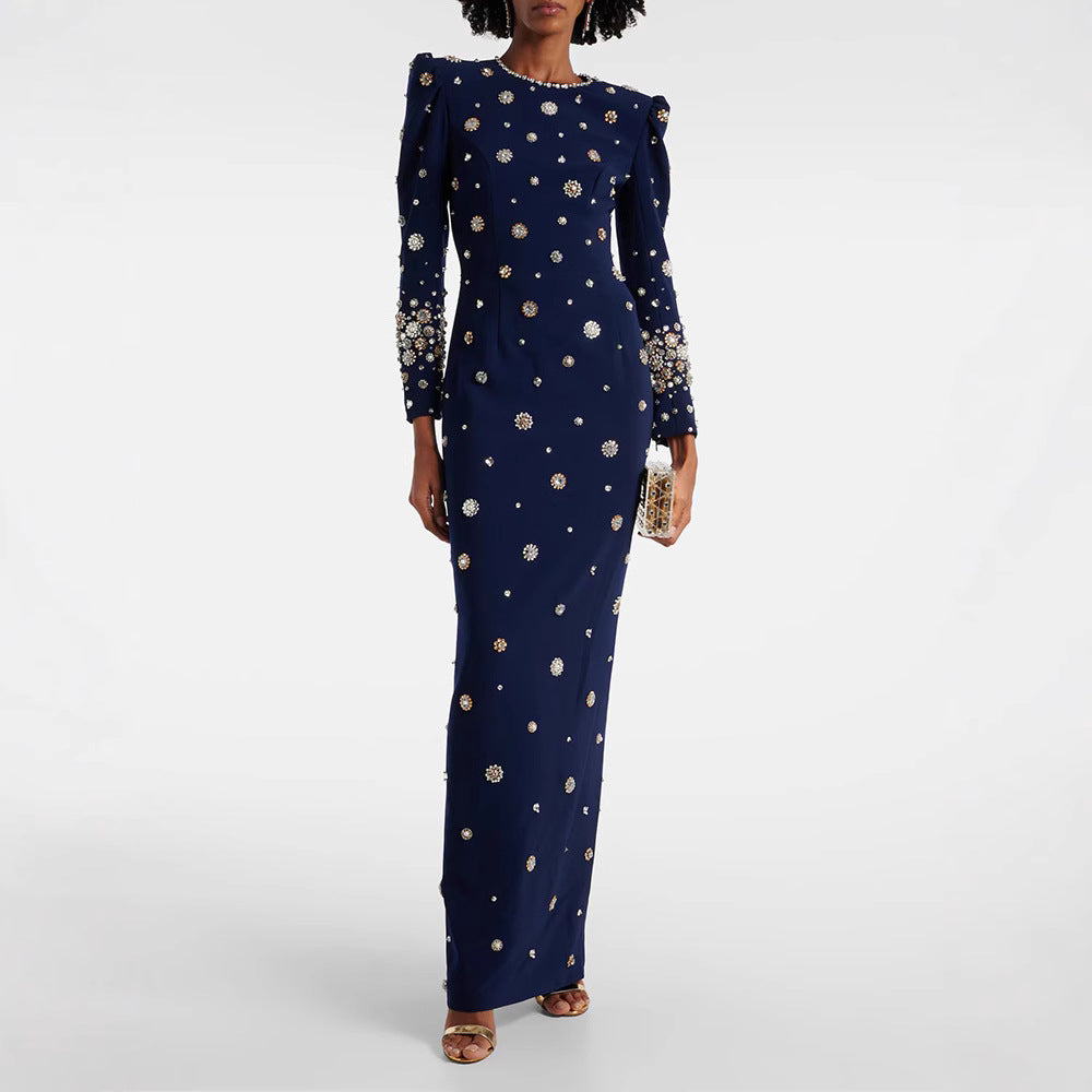 Fashion Temperament Beads Diamond Slim Long Dress