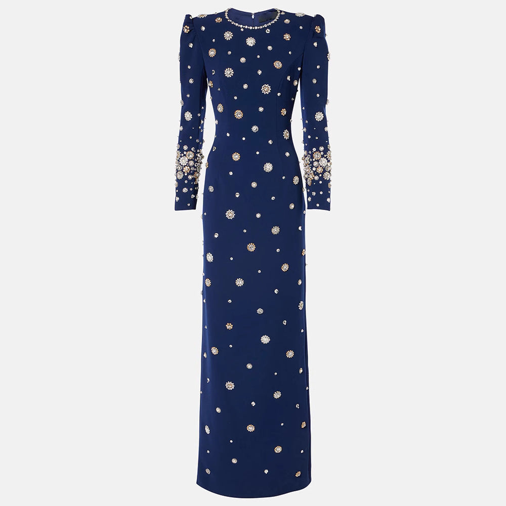 Fashion Temperament Beads Diamond Slim Long Dress