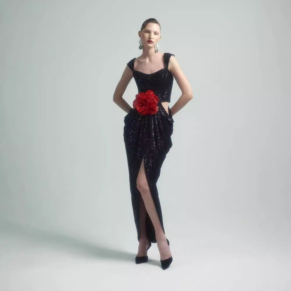 Elegant Sequined Midriff Outfit Three-dimensional Flower Dress