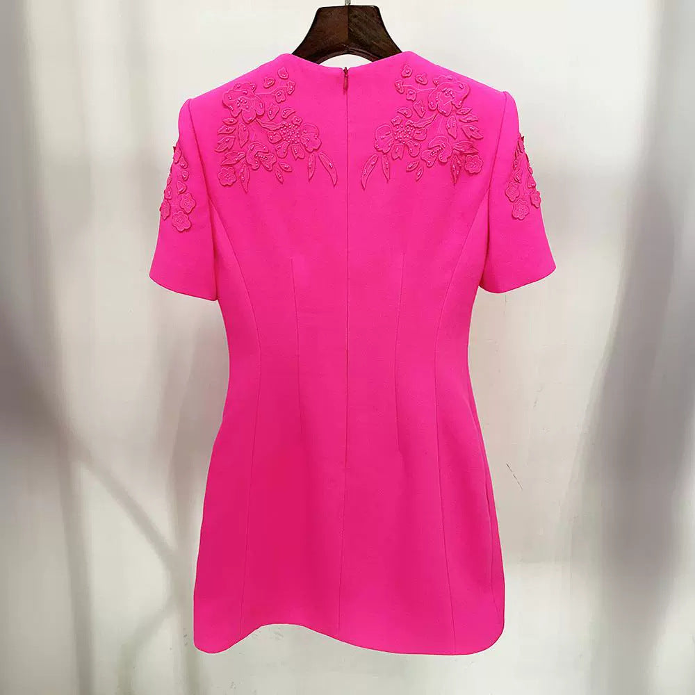 Elegant Three-dimensional Floral Fluorescent Powder Short Sleeve Dress