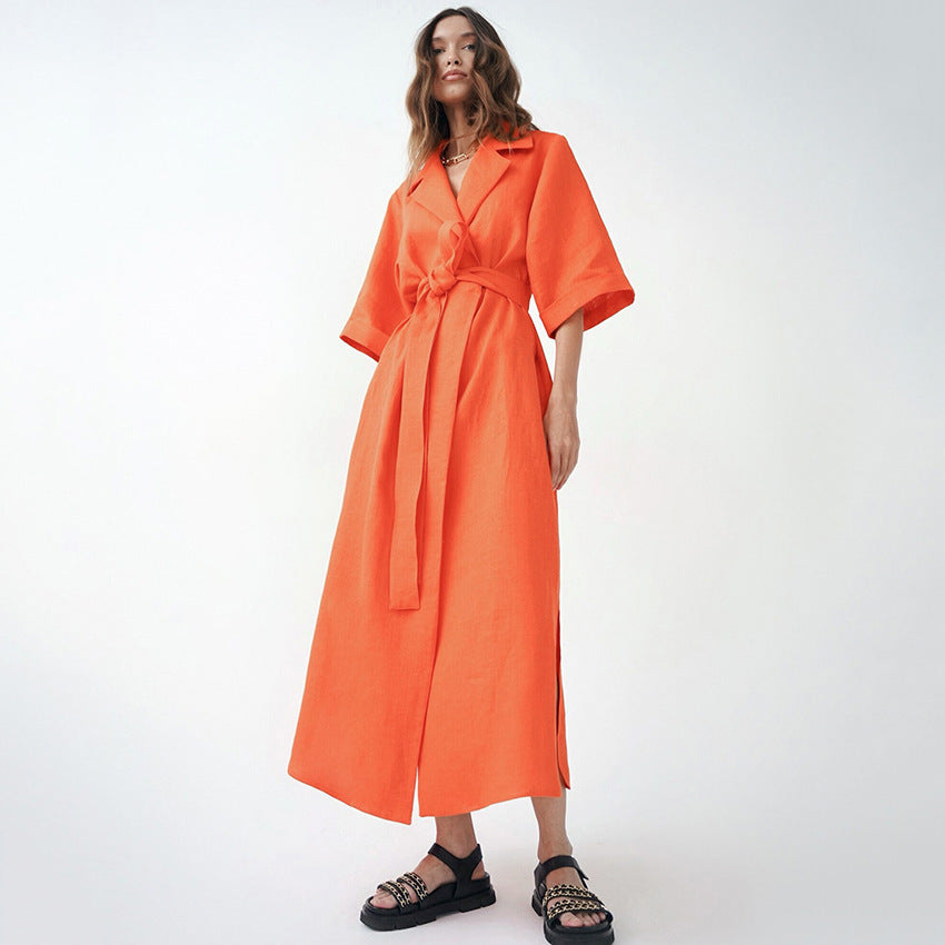 Summer New Fashion Casual Women's Solid Color Slit Design A- Line Skirt Tailored Collar Dress