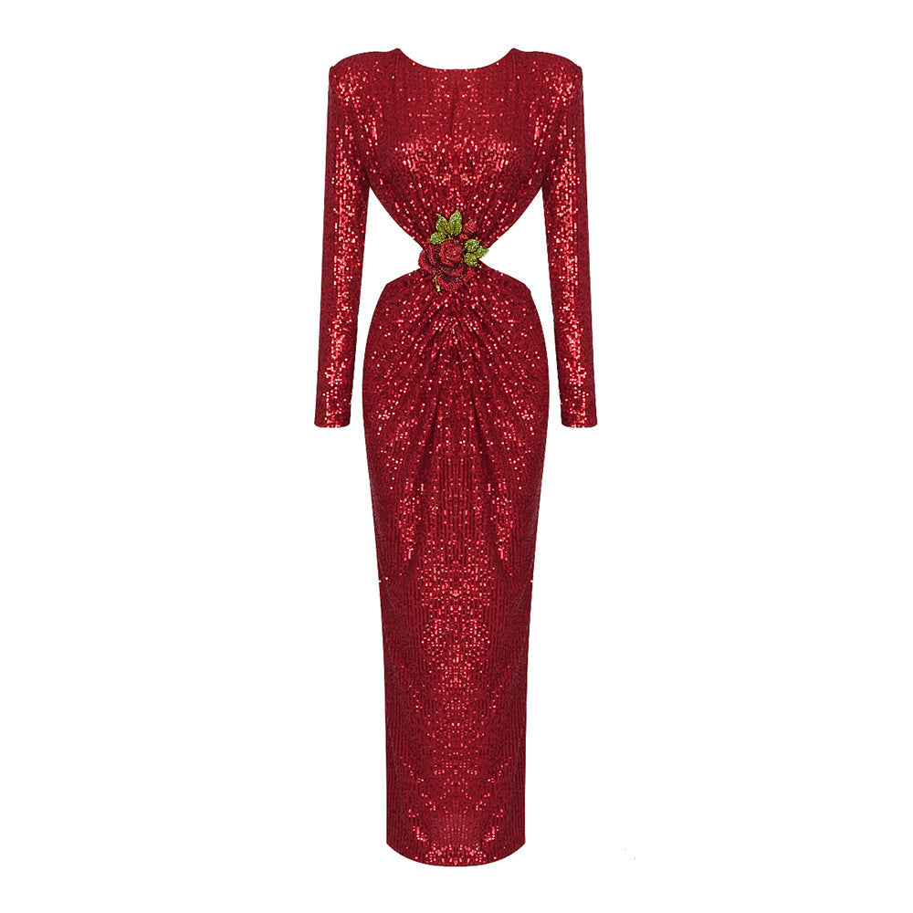 Round Neck Flower Waist Button Dress