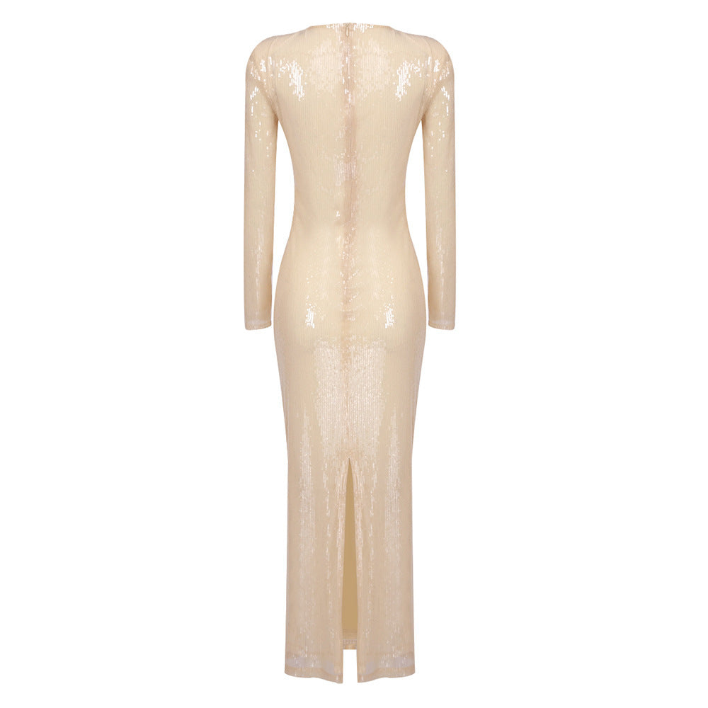 Long Sleeve Three-dimensional Flower Beaded Dress
