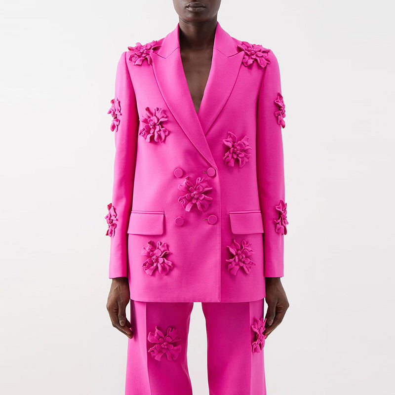 Double Breasted Three-dimensional Flower Decoration Suit Jacket