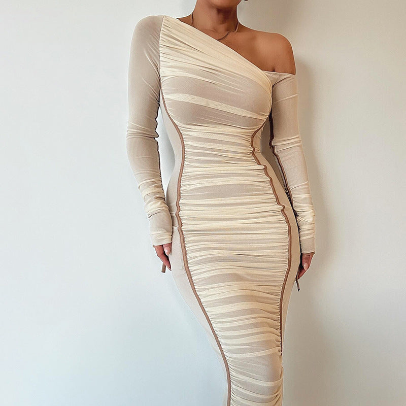 Women's Diagonal Collar Long Sleeve High Waist Mesh Dress