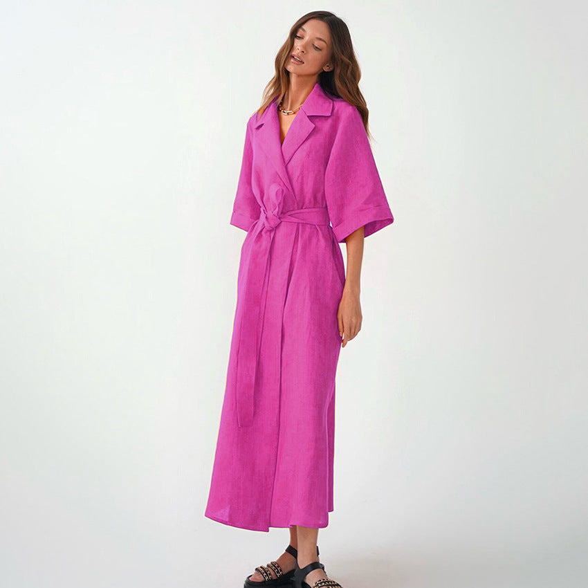 Summer New Fashion Casual Women's Solid Color Slit Design A- Line Skirt Tailored Collar Dress