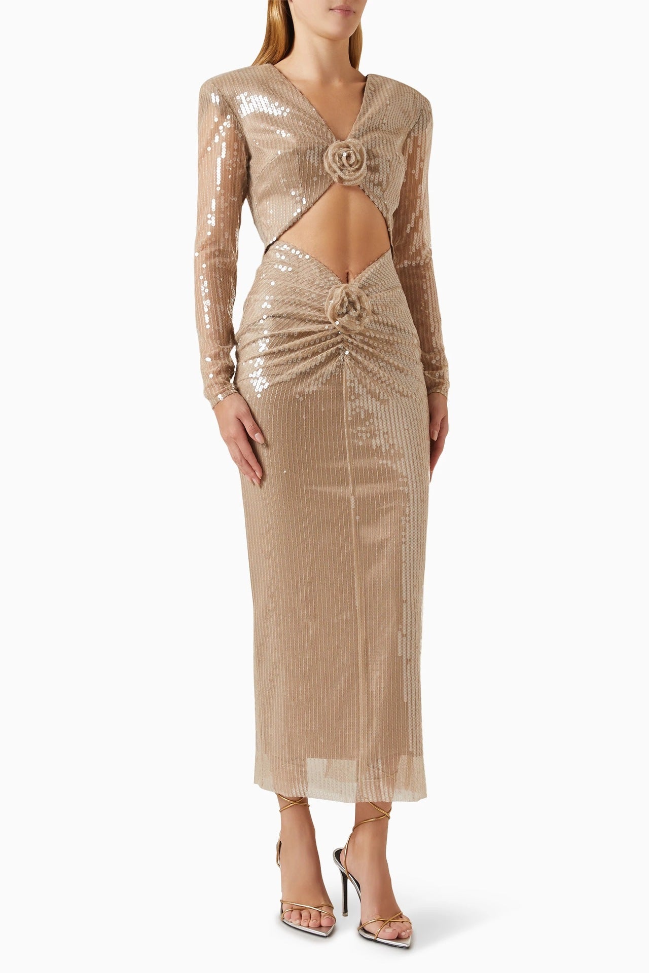 Long Sleeve Three-dimensional Flower Beaded Dress