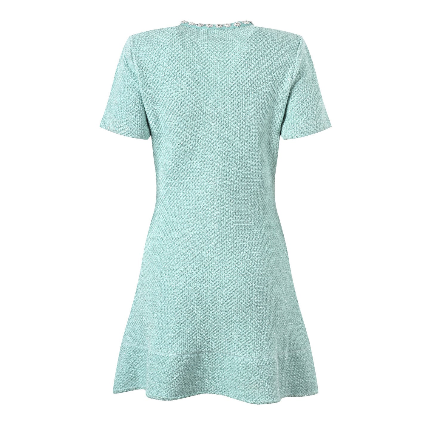 Handmade Diomand Sequins Single-breasted Ruffles Waist Trimming Knitted Dress