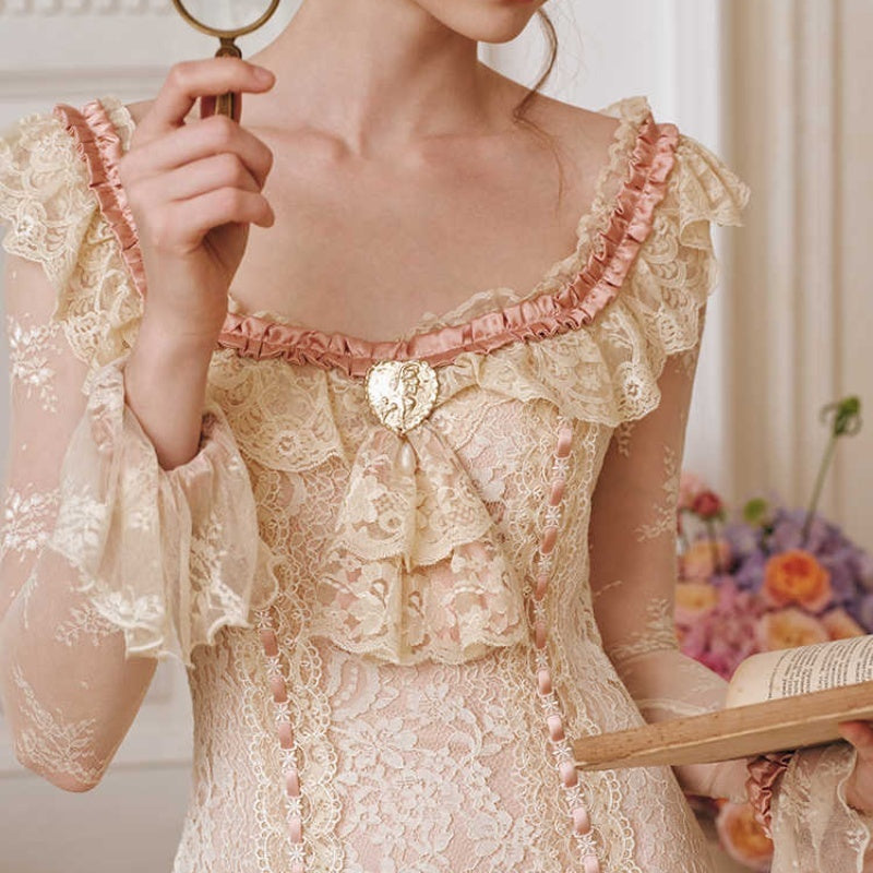 French Sweet Long Sleeve slim lace Dress