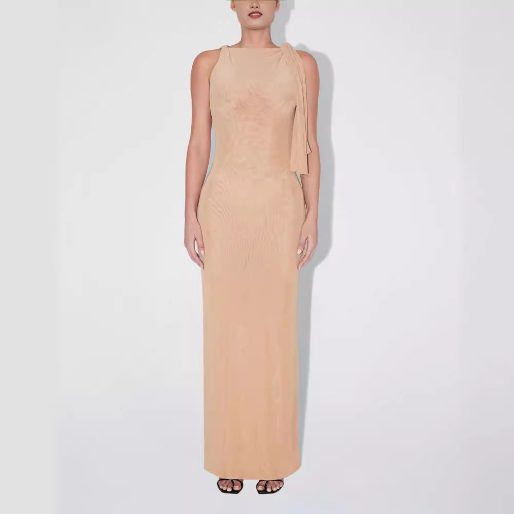 Flat Shoulder Asymmetric Ribbon Dress Slim-fit Sexy Sheath Dress